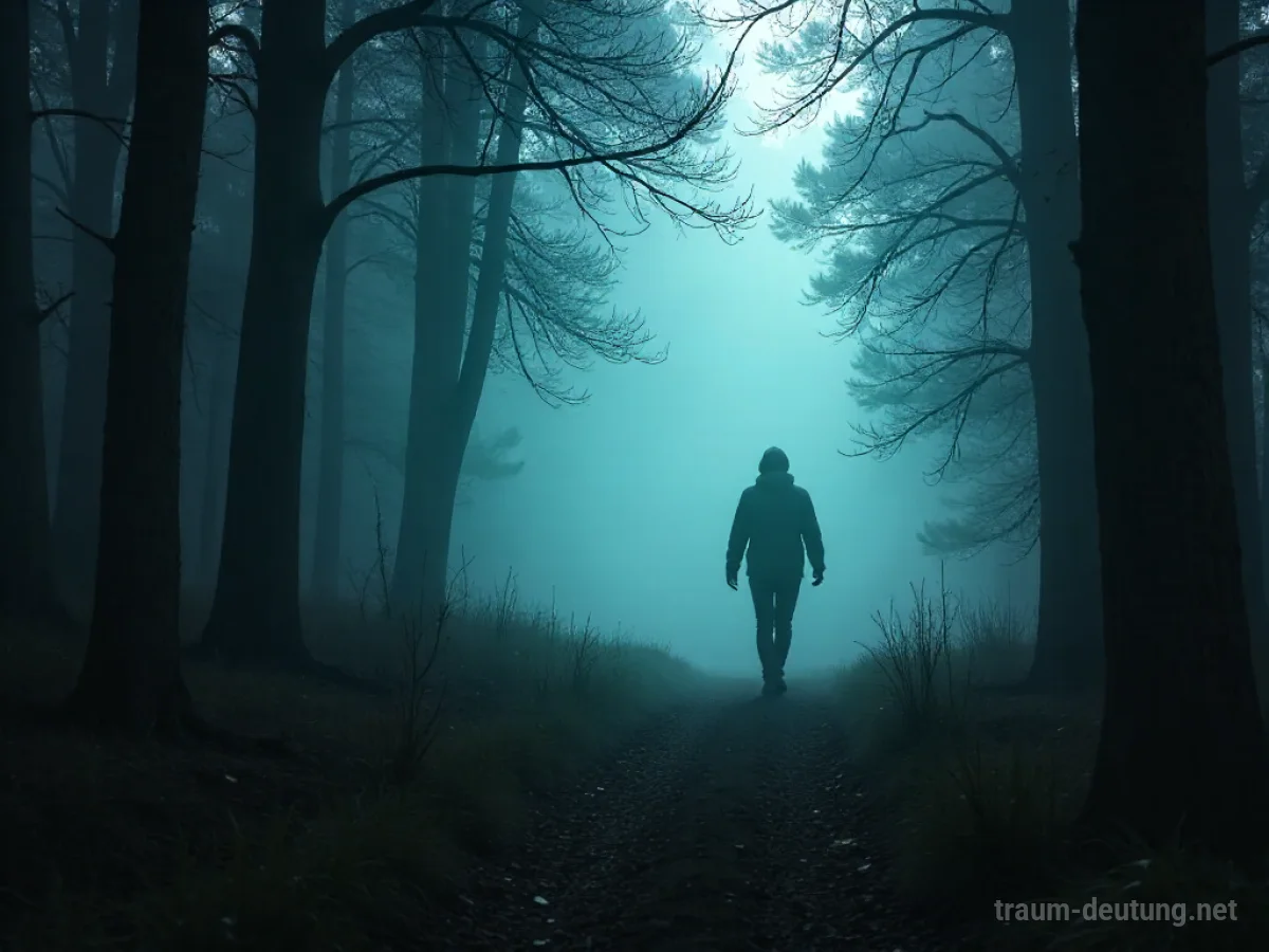 Silhouetten von Geistern, die eine Person durch einen nebligen Wald verfolgen.