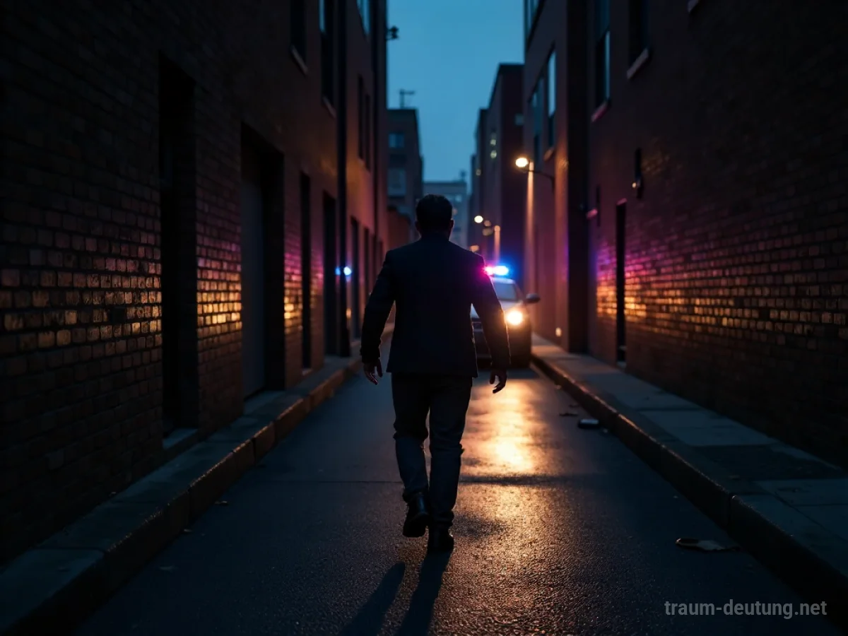 Eine Person rennt durch eine dunkle Gasse, im Hintergrund unscharfe Polizeilichter.