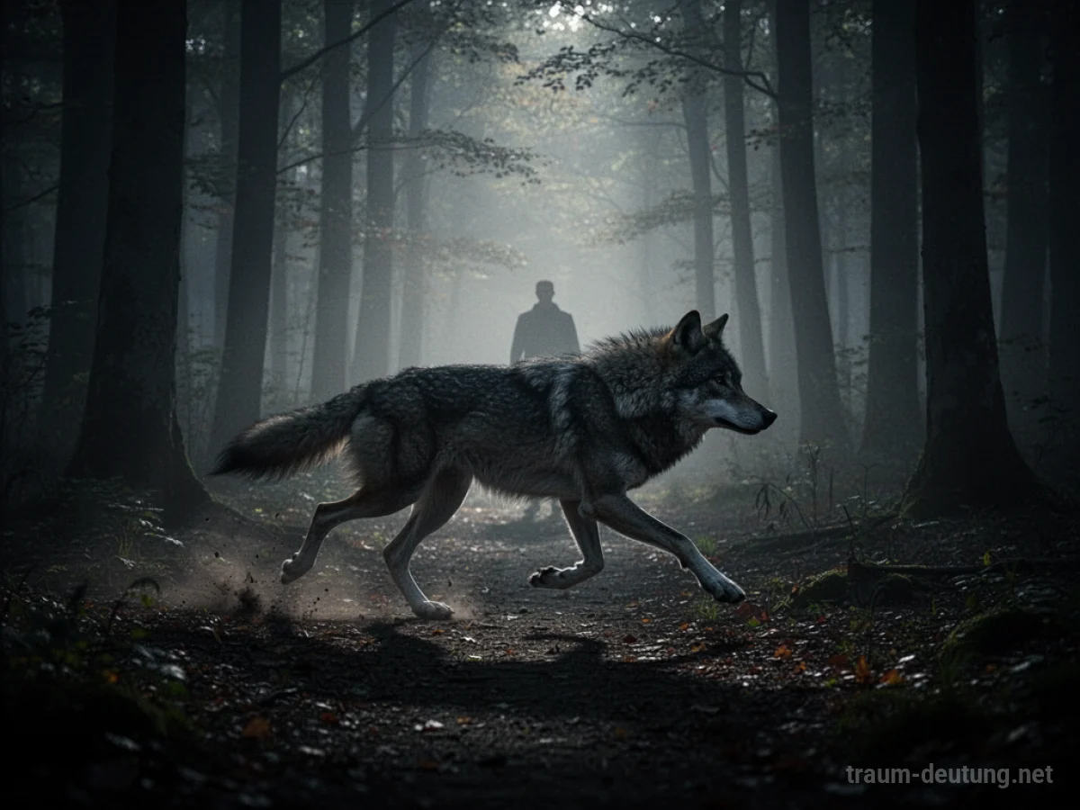Wolfs-Silhouette auf dunklem Waldweg, eine menschliche Figur flieht.