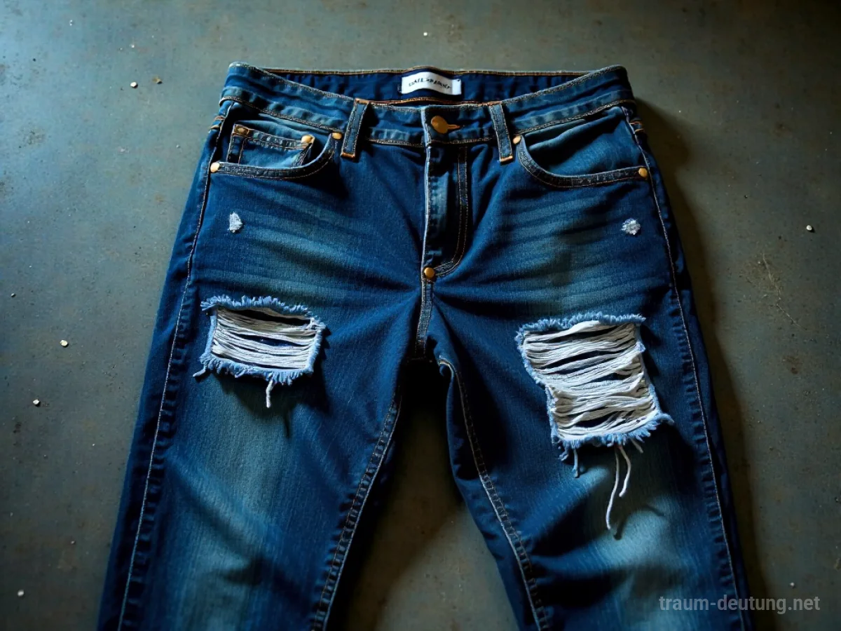 Zerrissene Jeans mit deutlichen Rissen im Stoff, liegend auf einem Untergrund.