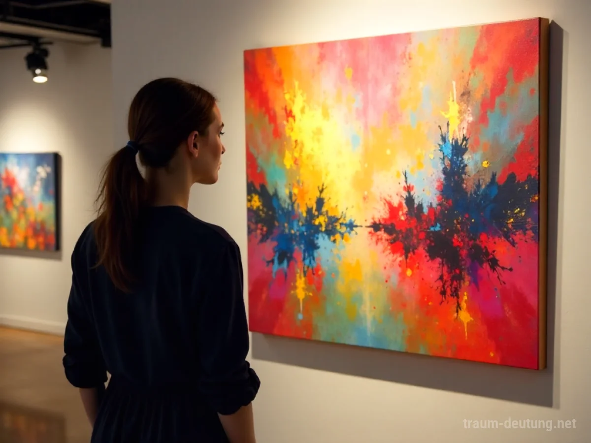 Eine Person betrachtet ein abstraktes, farbenfrohes Gemälde in einer Galerie.