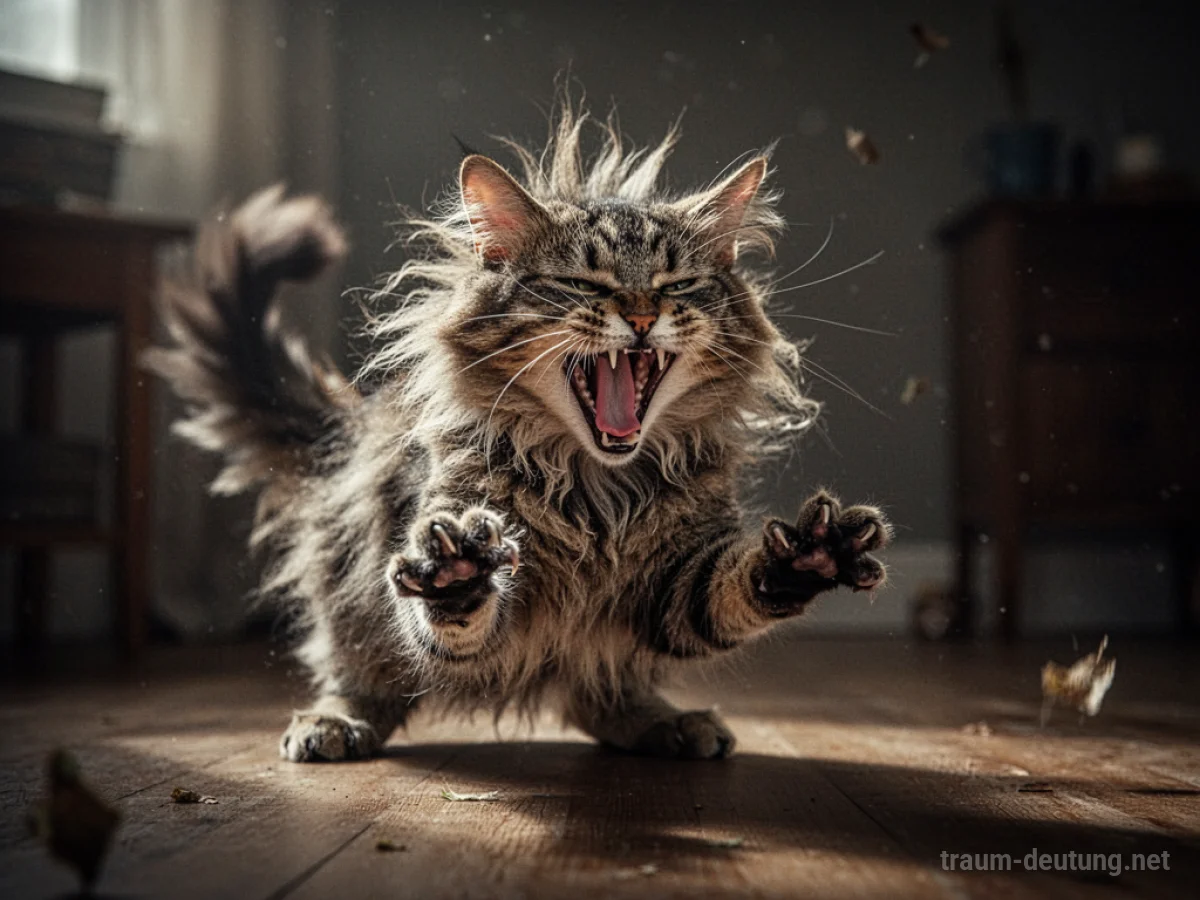 Eine aggressive Katze faucht mit aufgestelltem Fell