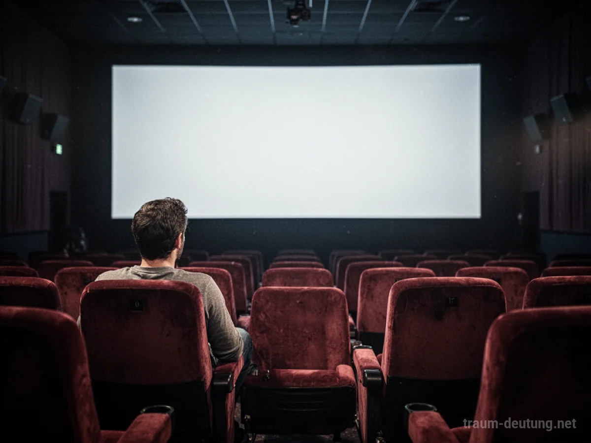 Eine Person sitzt allein in einem dunklen Kino und blickt auf die leere Leinwand.