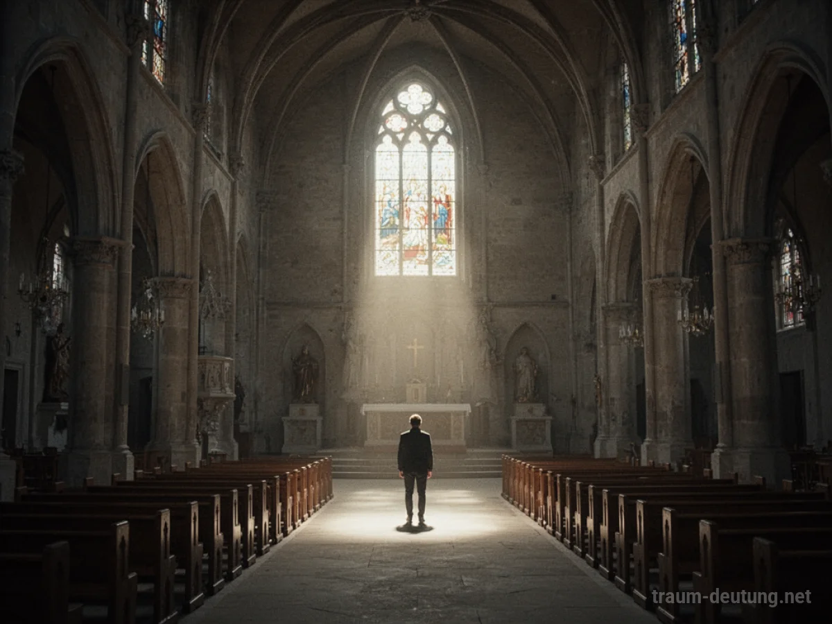 Eine einzelne Person steht allein im Mittelschiff einer großen, leeren Kirche.