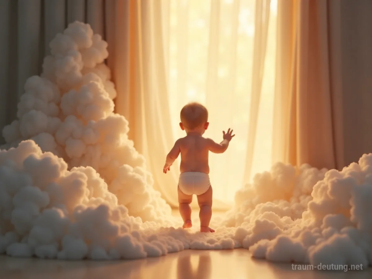 Ein Baby, das aus einem sanften Licht heraus nach etwas greift, umgeben von Kindererinnerungen.