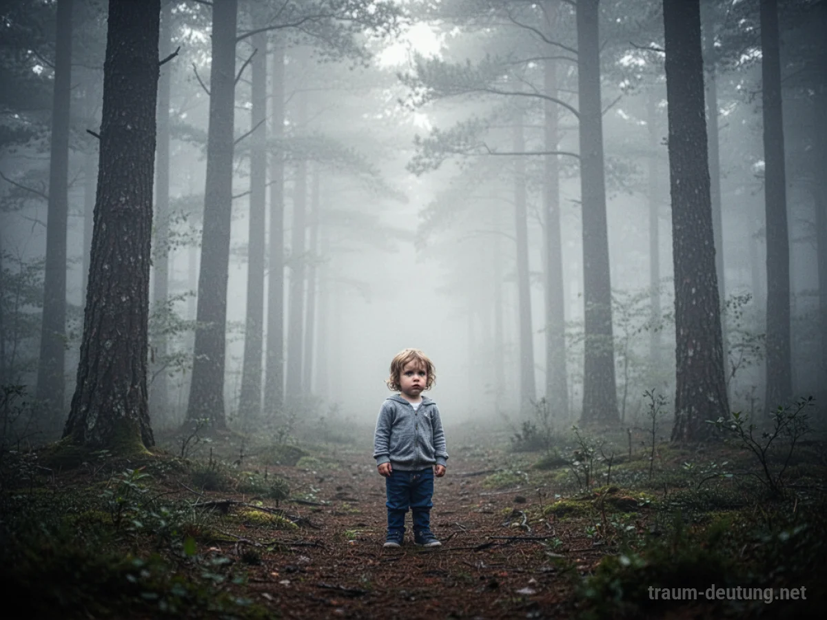 Ein kleines Kind steht allein in einem nebligen Wald und wirkt verloren.