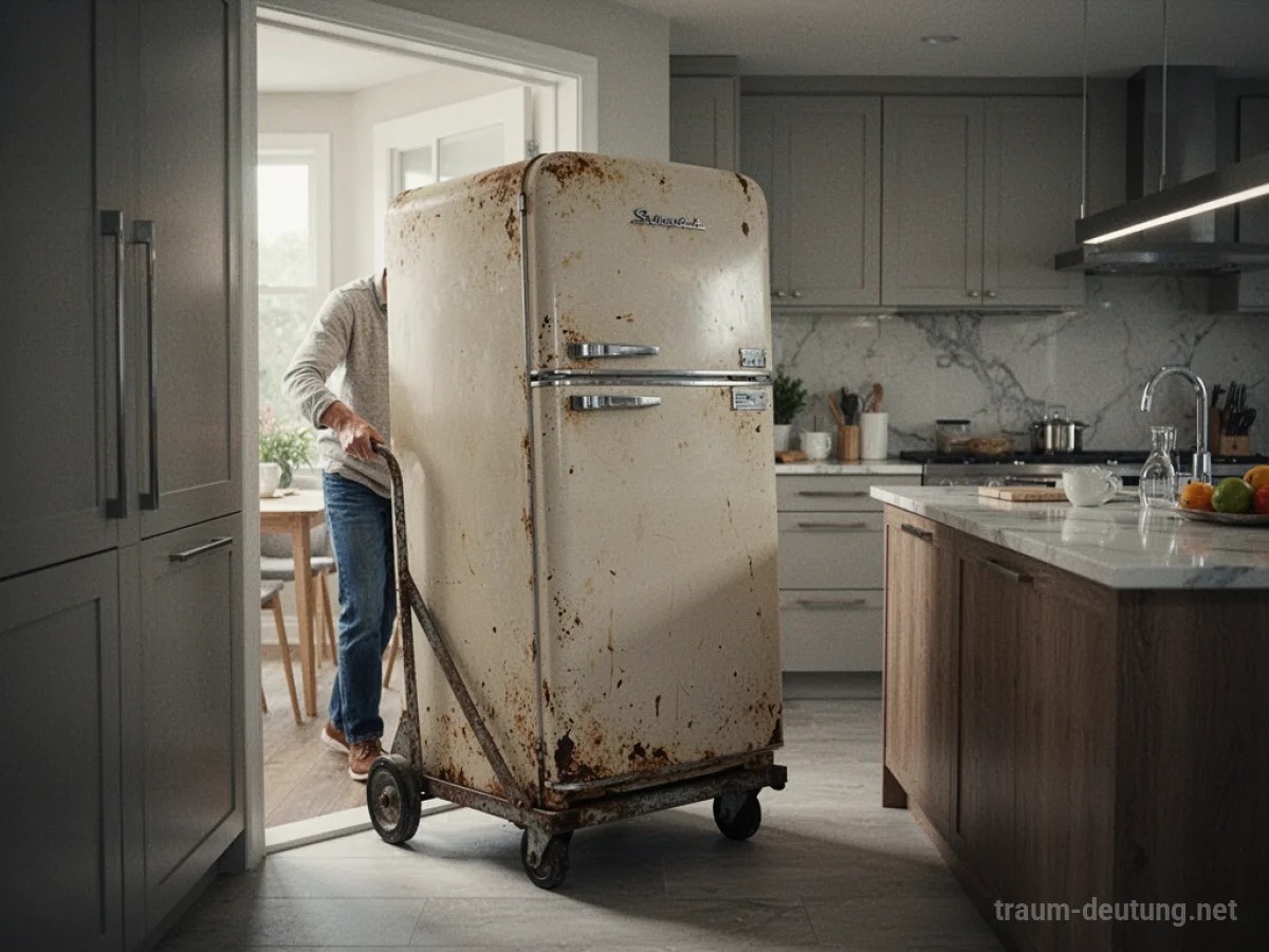 Ein alter Kühlschrank wird in eine moderne Küche geschoben.