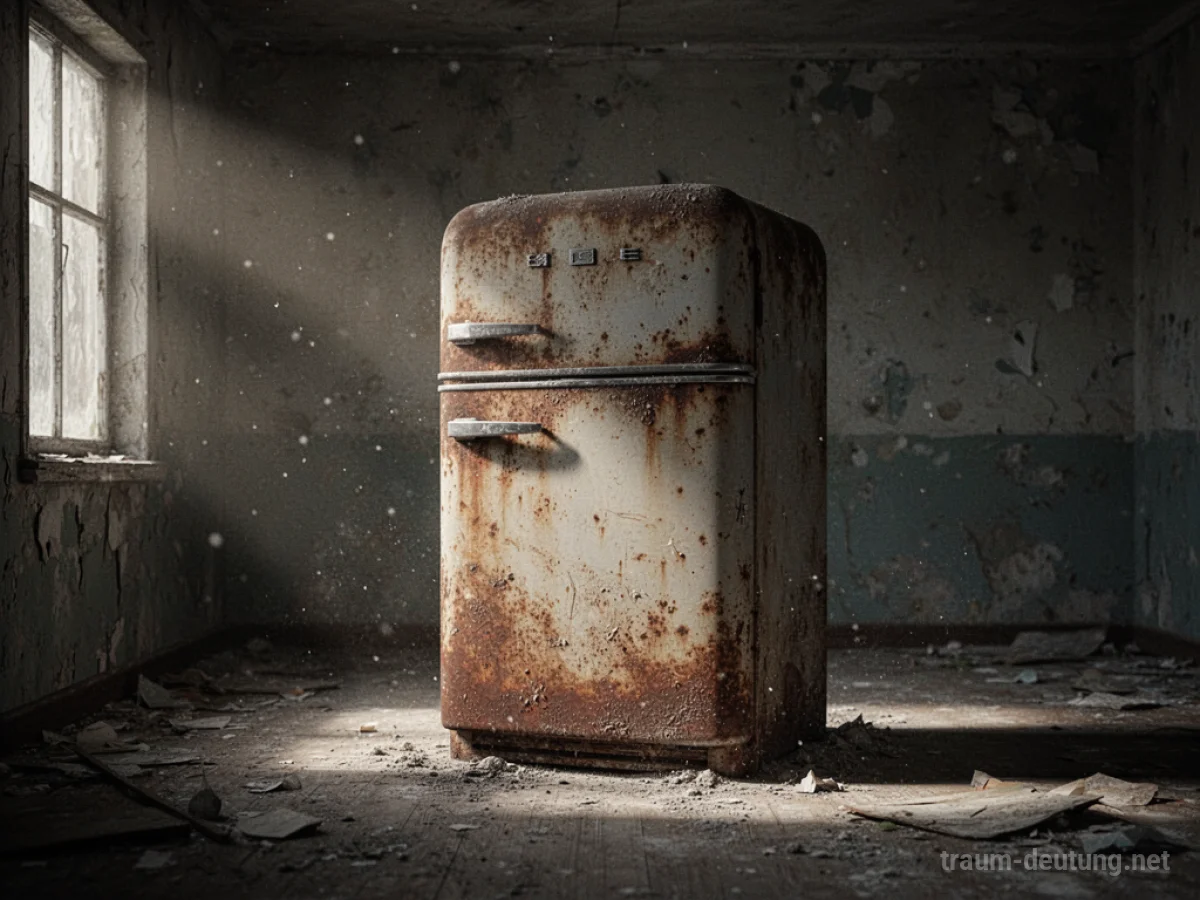 Ein alter, schmutziger Kühlschrank in einem dunklen Raum.