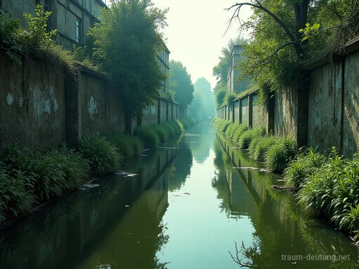 Alter, verfallener Kanal mit trübem Wasser und überwucherten Ufern