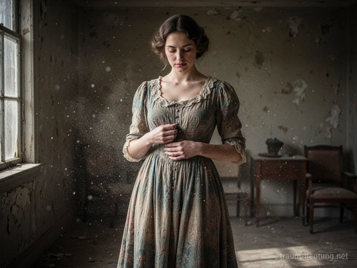 Eine Frau trägt ein altes, verblasstes Kleid in einem staubigen Raum.
