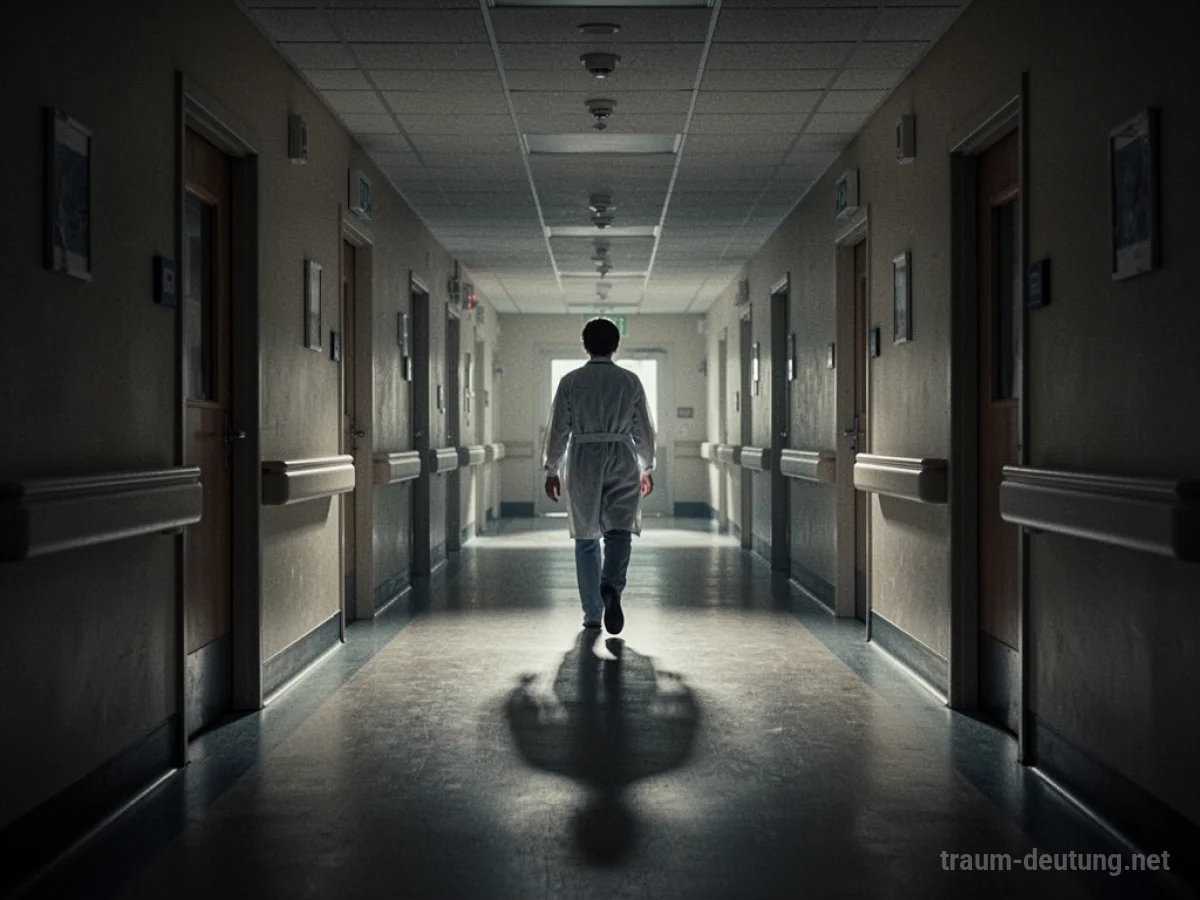 Dunkler Krankenhausflur mit einer einsamen Figur, die sich entfernt.