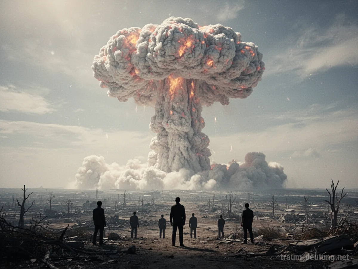 Eine Pilzwolke einer Atomexplosion über einer zerstörten Landschaft, im Hintergrund Silhouetten von Menschen.