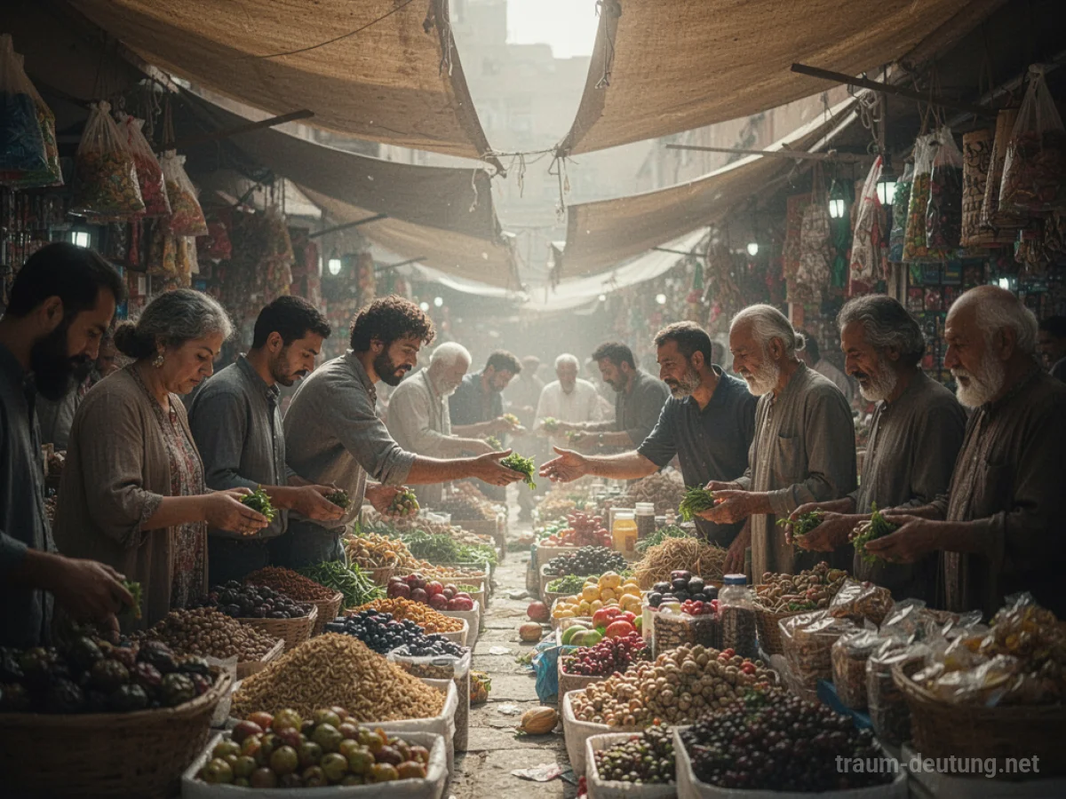 Menschen kaufen und verkaufen auf einem belebten Markt
