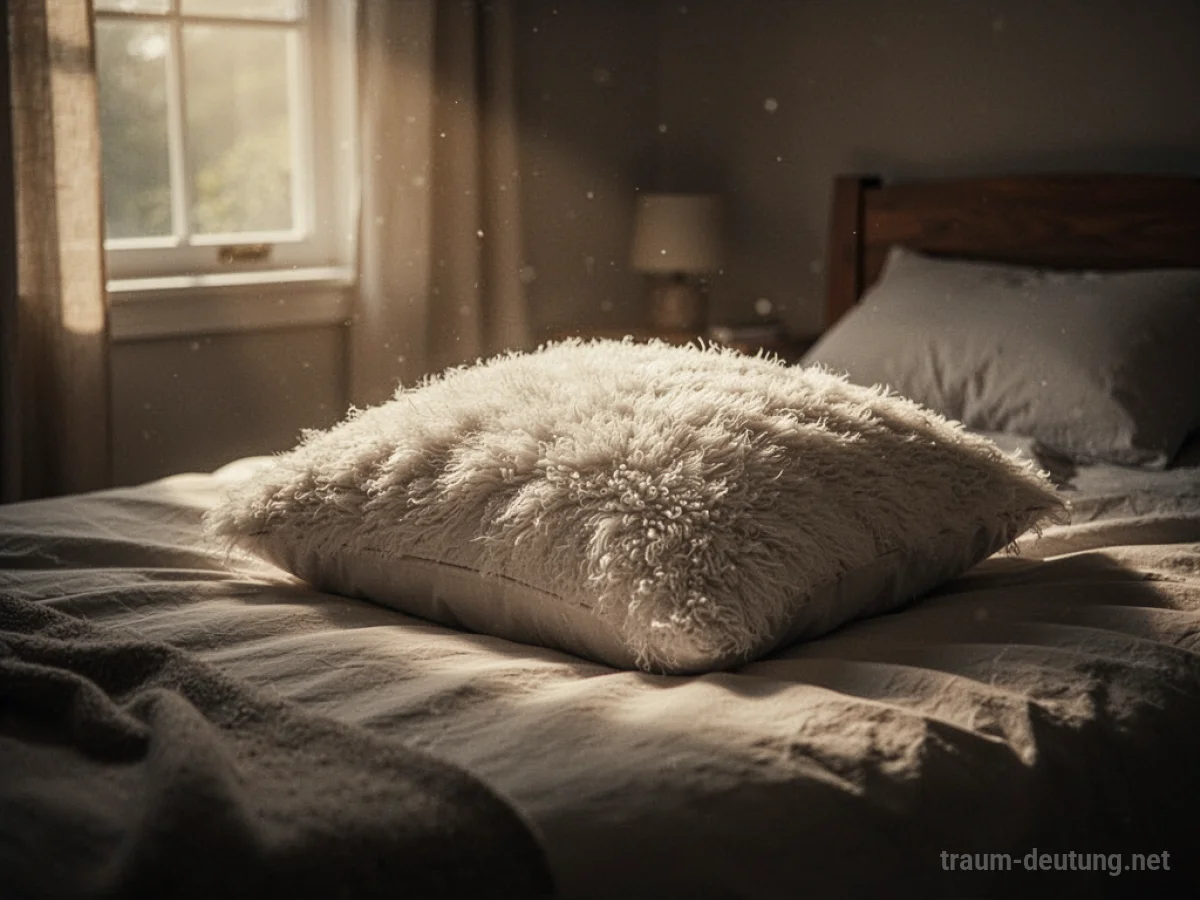Ein weiches Kissen auf einem Bett in einem ruhigen Schlafzimmer.