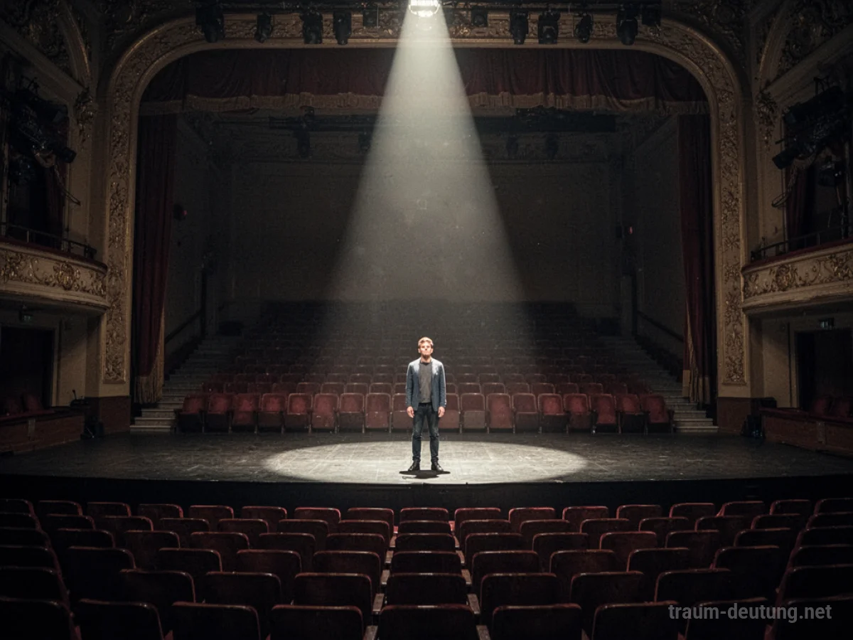 Eine Person steht allein auf einer leeren Theaterbühne im Scheinwerferlicht.