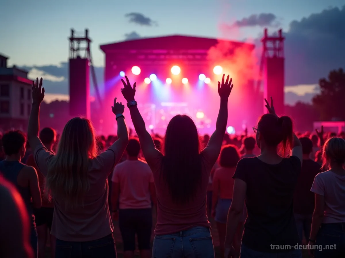 Menschen tanzen ausgelassen auf einem Konzert mit bunten Lichtern.