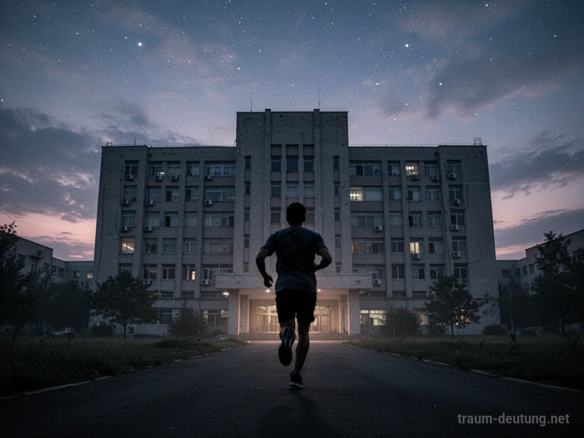 Silhouette einer Person, die vor einem großen Krankenhausgebäude davonläuft
