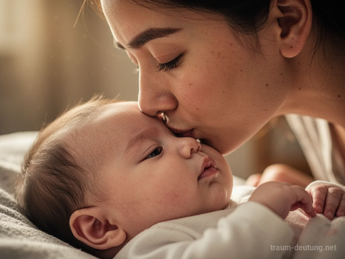 Sanfter Kuss auf die Stirn eines Babys