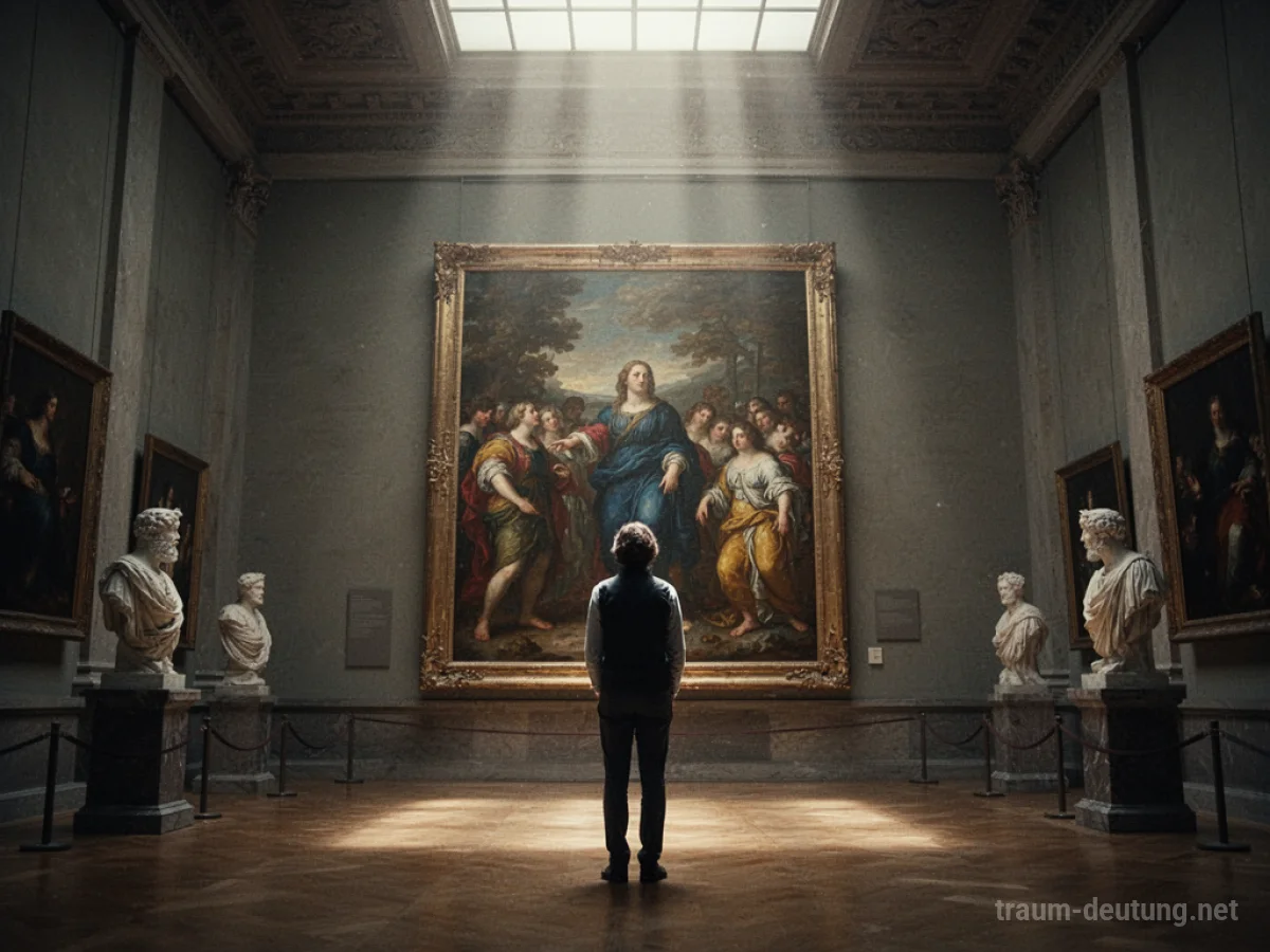 Eine Person betrachtet staunend ein berühmtes Gemälde in einem großen Museum.