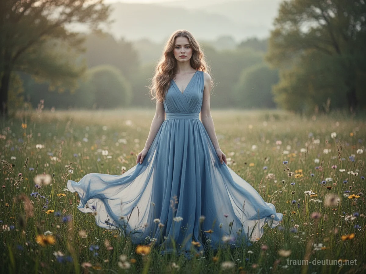 Frau in einem blauen Kleid auf einer Blumenwiese