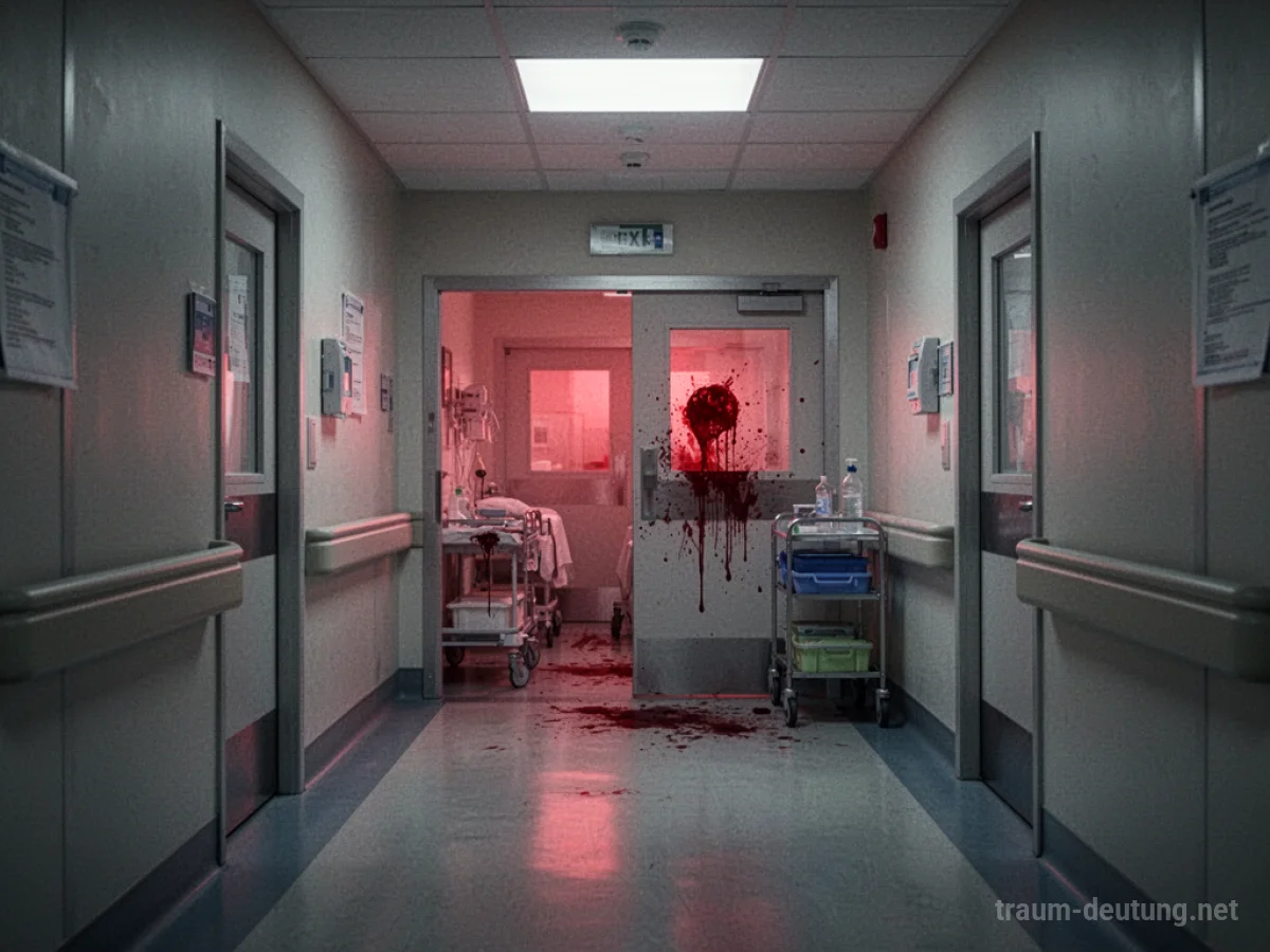 Krankenhausflur mit leicht rötlichem Licht aus einem Raum
