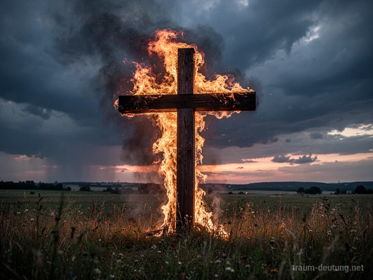 Ein brennendes Holzkreuz steht auf einem Feld im Abendlicht.