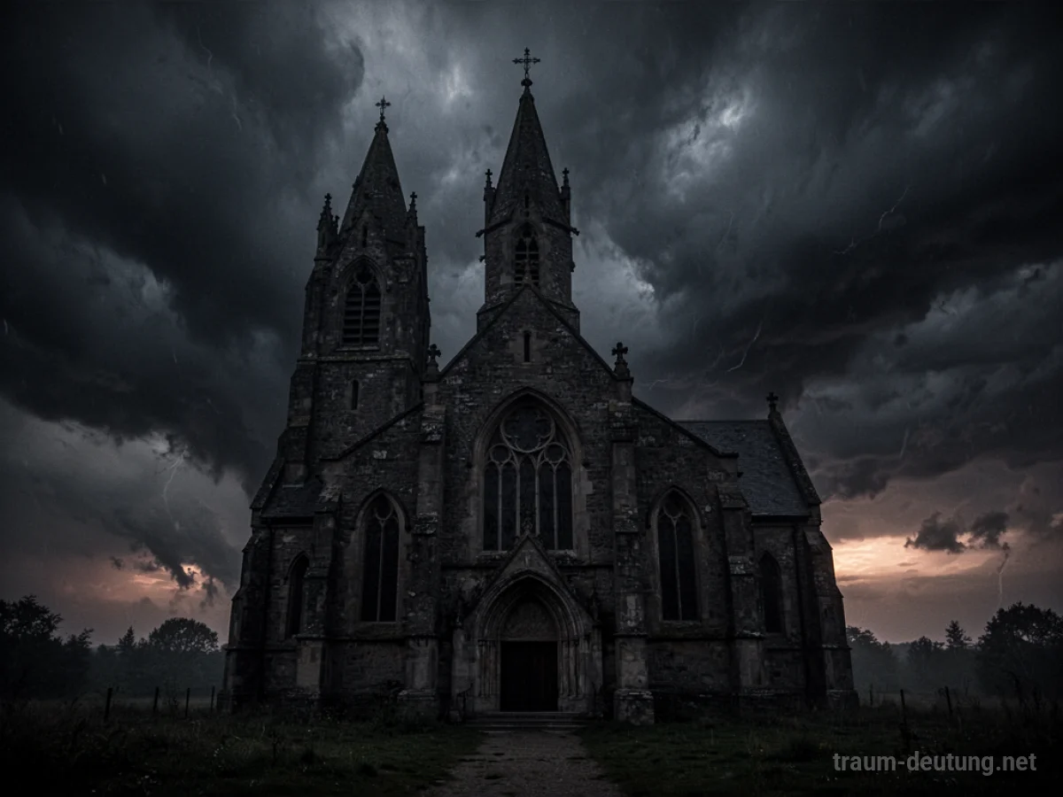 Dunkle Kirche als Silhouette vor einem stürmischen Himmel