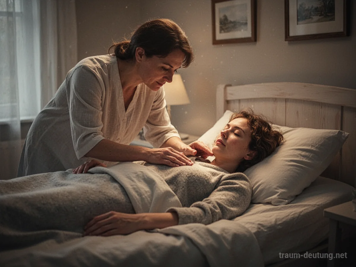 Person pflegt einen Kranken im Bett mit sanftem Licht