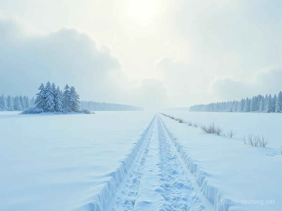 Weite, schneebedeckte Landschaft mit gefrorenen Bäumen unter einem grauen Himmel.