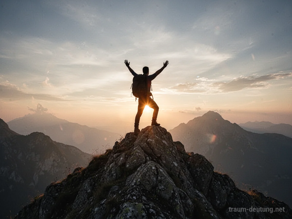 Silhouette einer Person, die erfolgreich einen Berggipfel erreicht, mit aufgehender Sonne.
