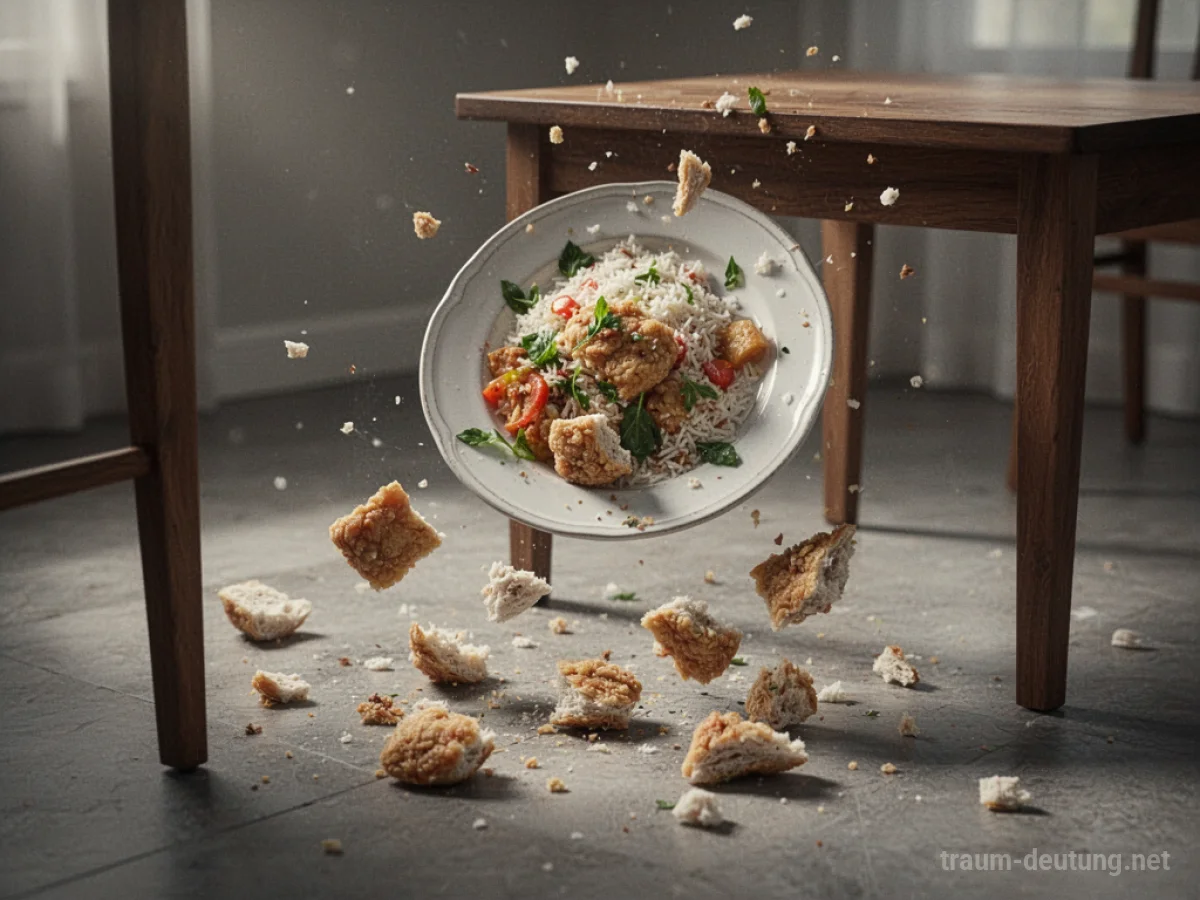 Teller mit Essen fällt vom Tisch, Speisen verteilen sich auf dem Boden.