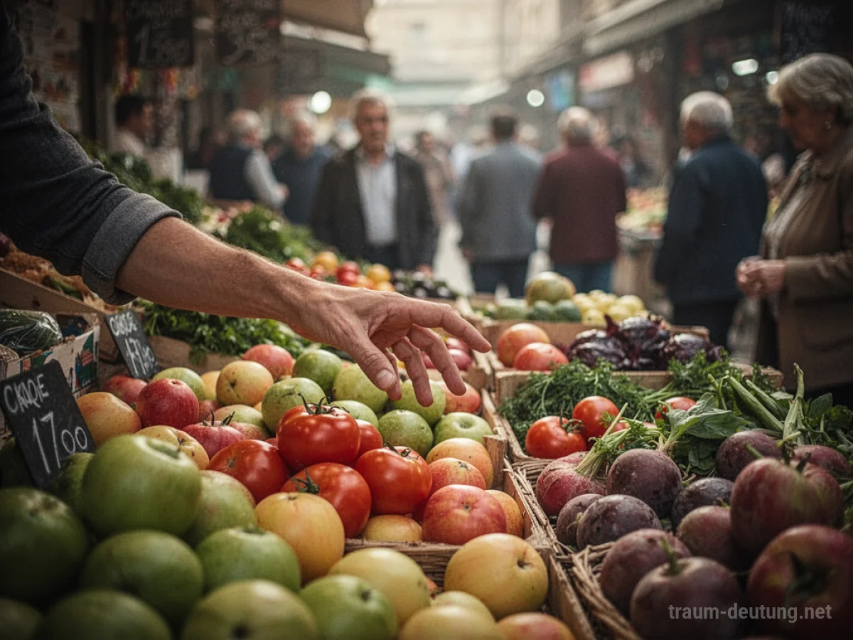 Hand greift nach frischem Gemüse auf einem Marktstand