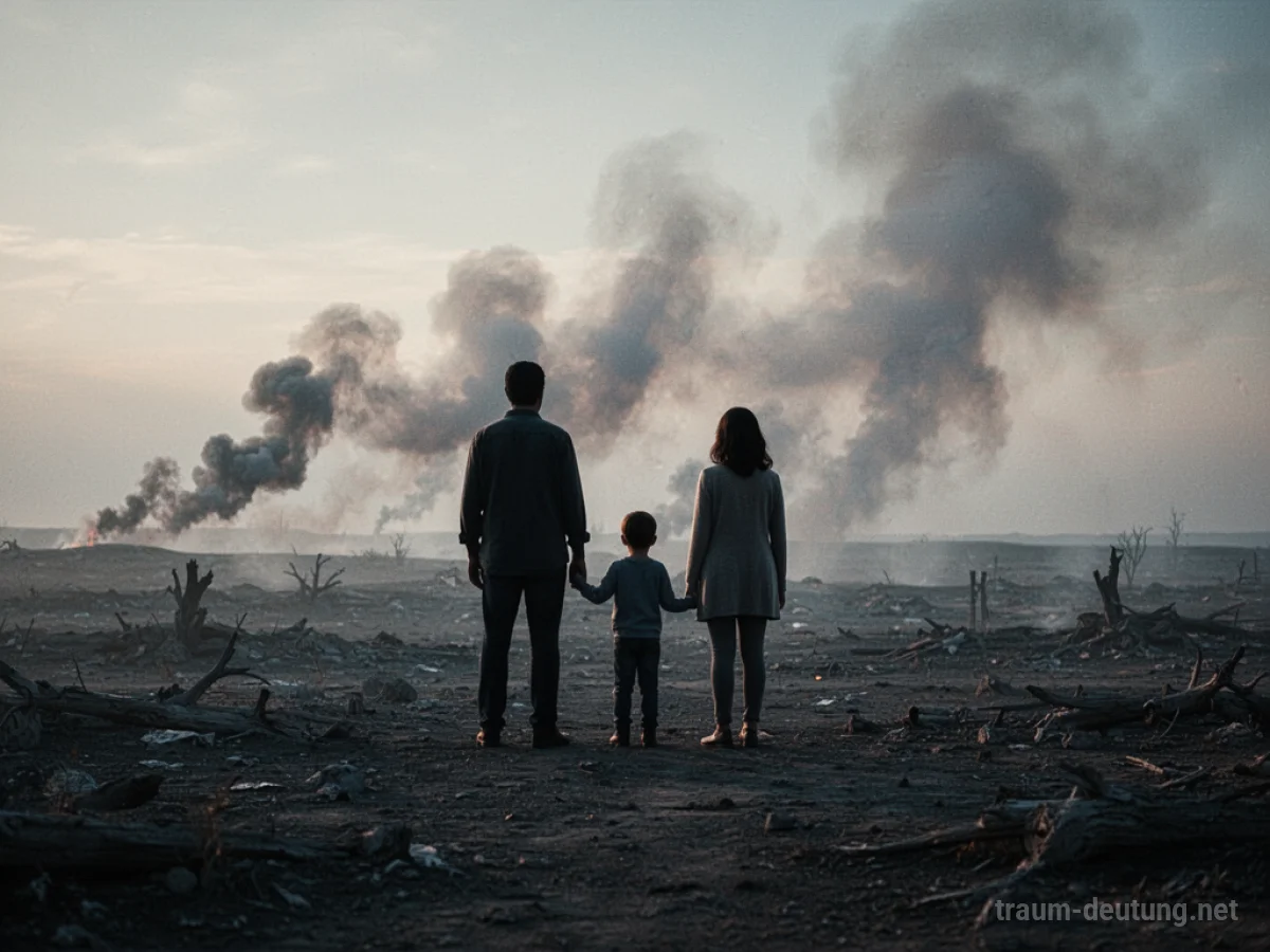 Silhouetten einer Familie in einer kriegsähnlichen Landschaft