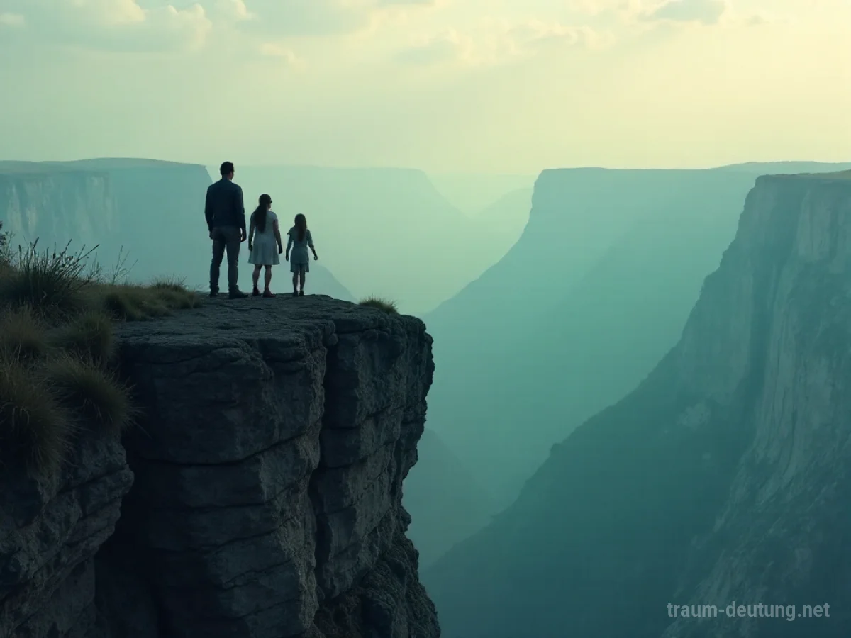 Familie steht am Rand einer Klippe und blickt in die Ferne.