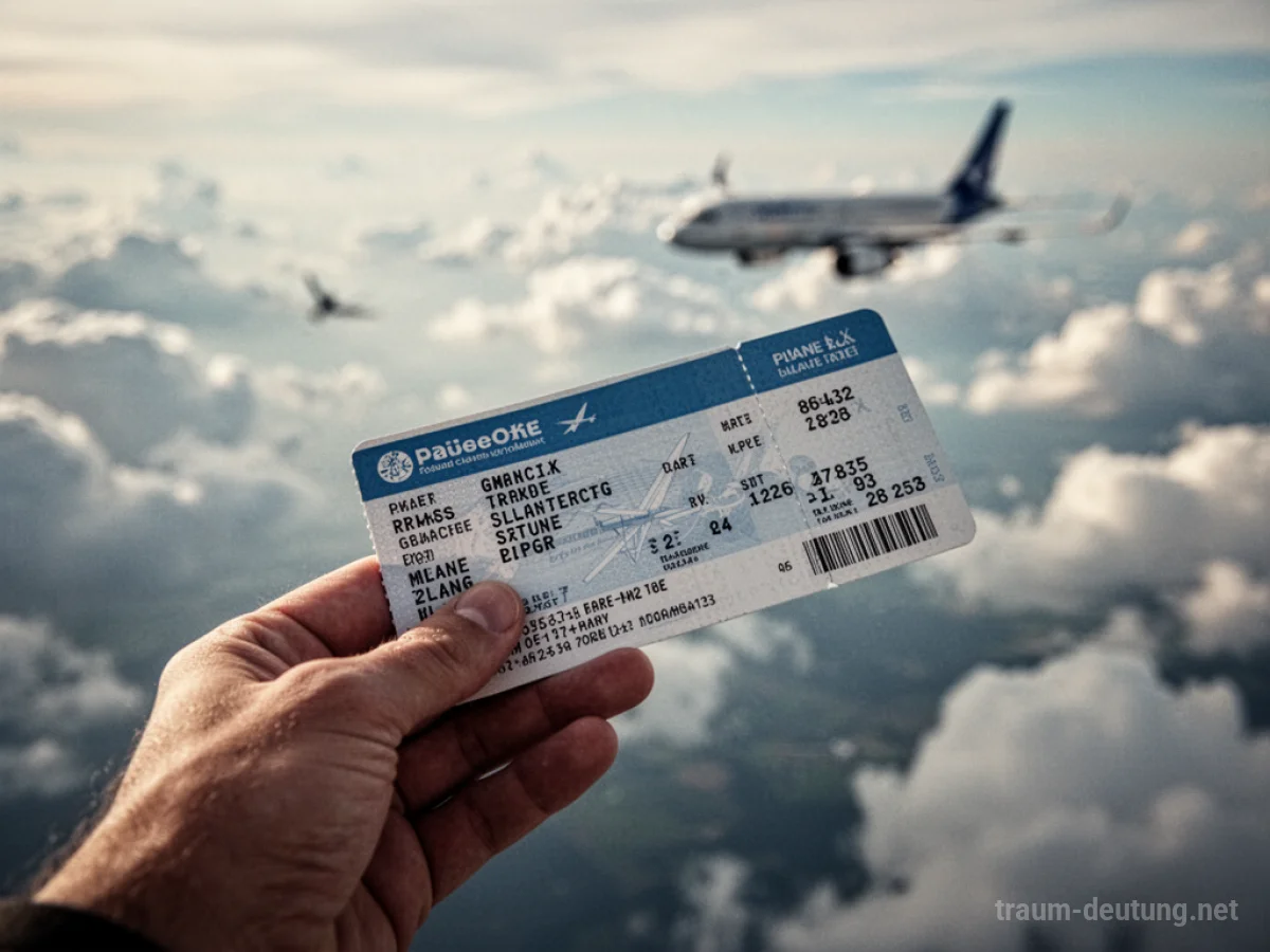 Hand hält Flugticket mit Wolken und Flugzeug im Hintergrund