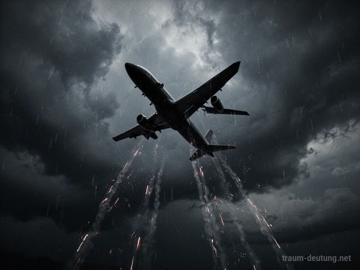 Silhouette eines Flugzeugs im Sinkflug vor einem stürmischen Himmel.