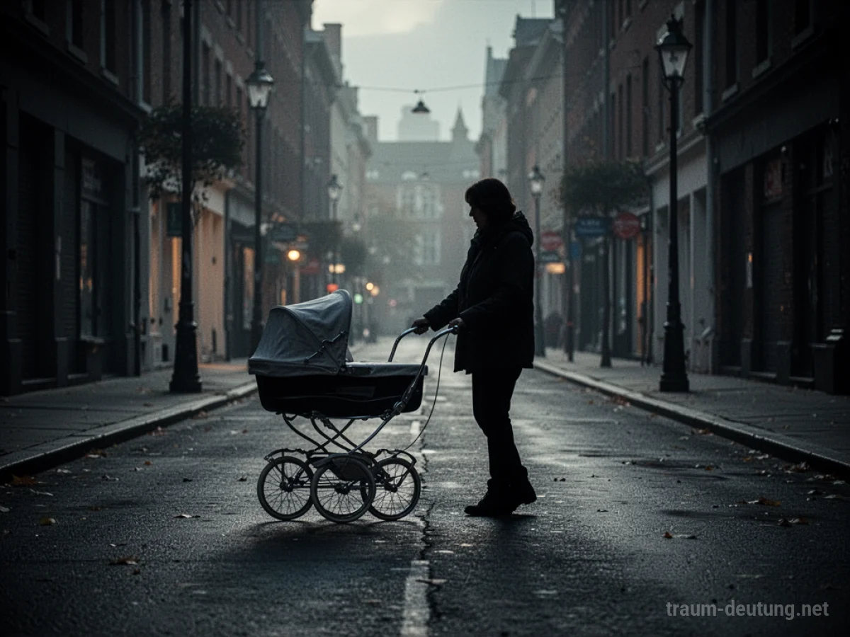 Silhouette einer Person, die einen Kinderwagen auf einer dunklen Straße schiebt.