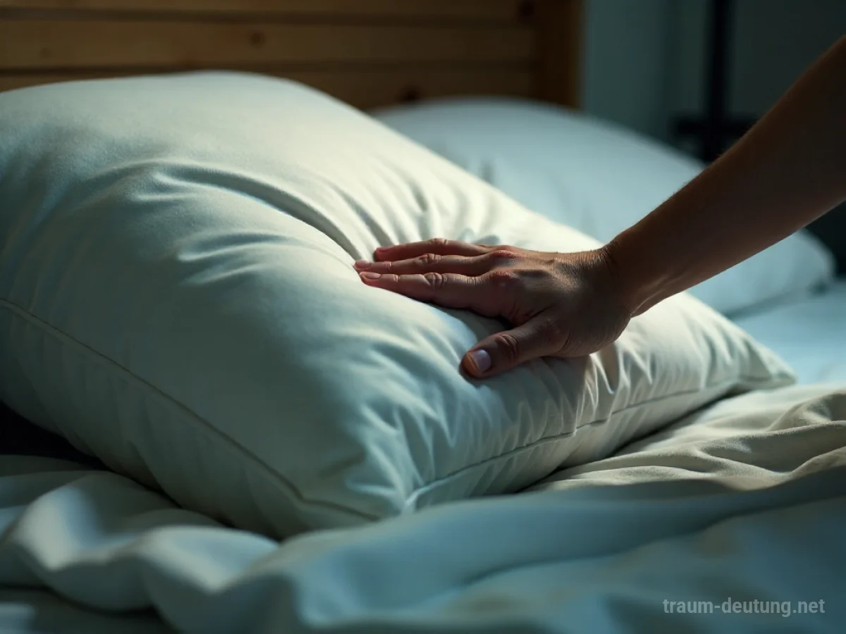 Eine Hand berührt ein fremdes, weiches Kissen auf einem Bett.