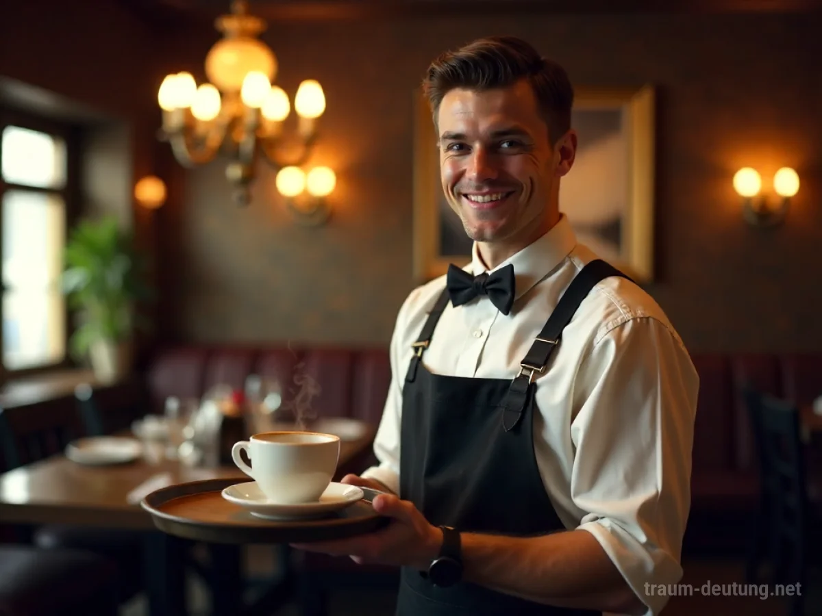 Ein freundlicher Kellner mit einem Tablett und einer Kaffeetasse in einem Restaurant.