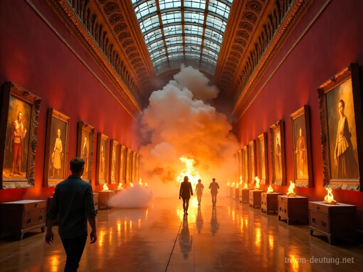 Brennende Kunstgalerie mit Flammen und Rauch