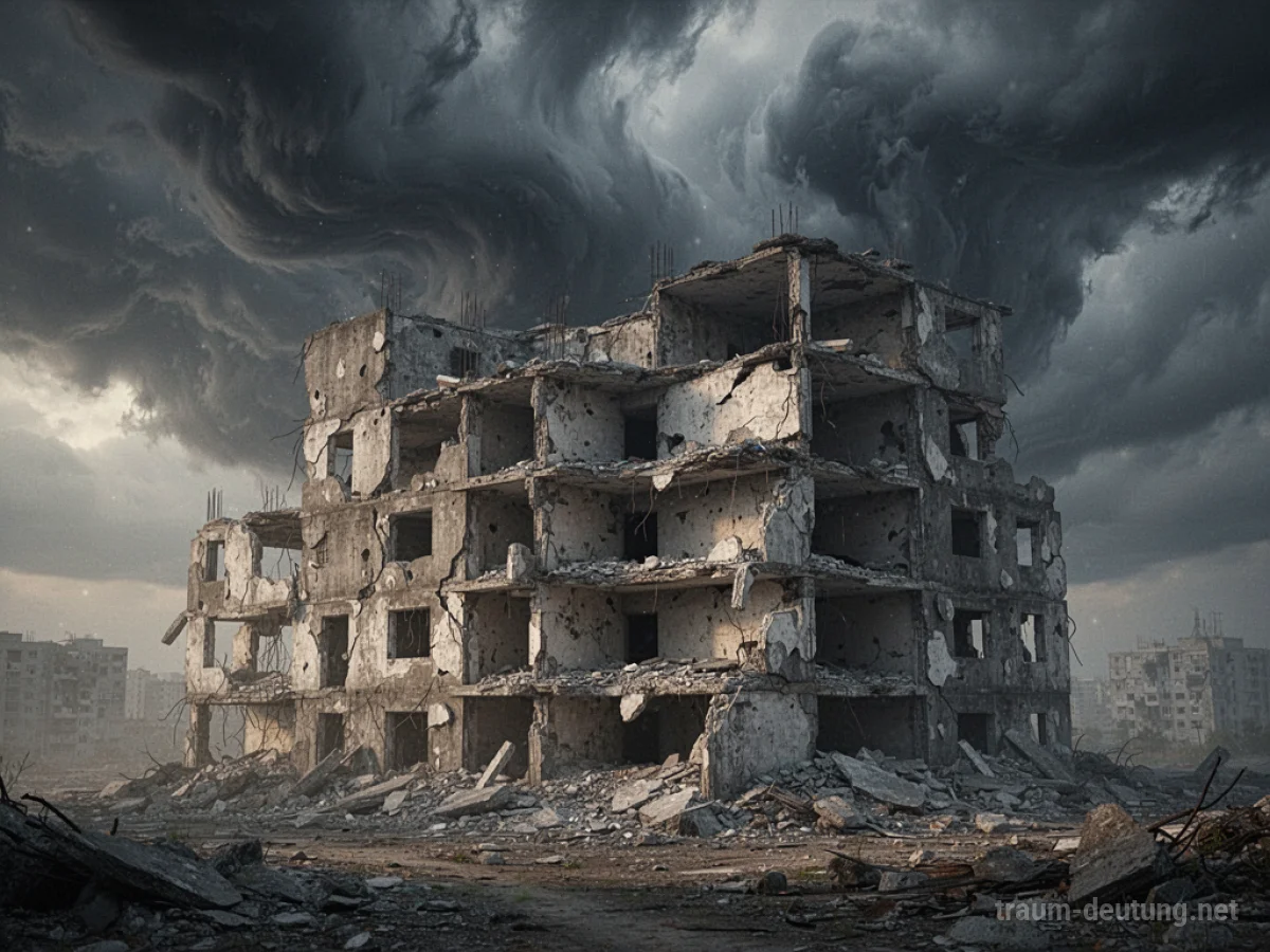 Ein einstürzendes Gebäude unter dunklen Wolken