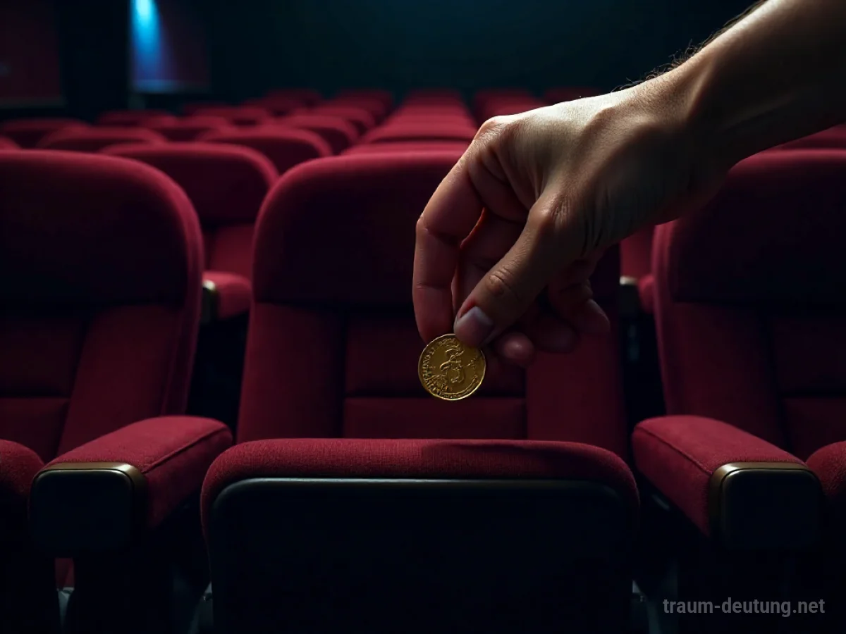 Hand findet goldene Münze auf Sitz im Kino.