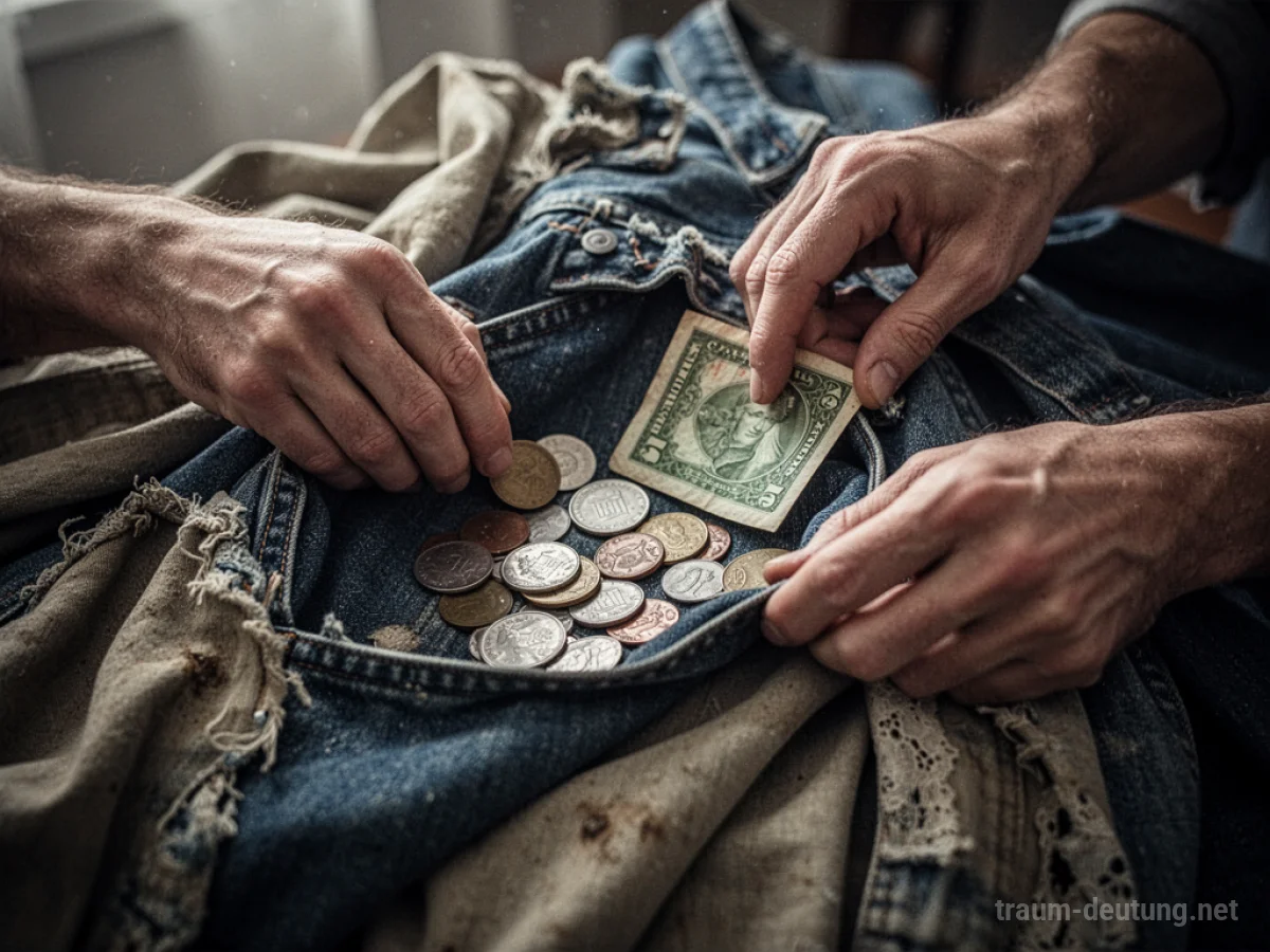 Hände finden Geld in den Taschen einer alten Jacke.