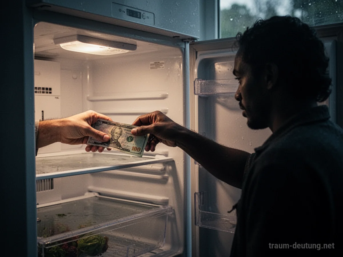Hand legt Geld in einen offenen Kühlschrank, während eine dunkle Gestalt davor steht.