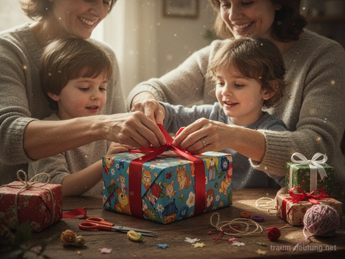 Elternteil verpackt ein Geschenk für ein Kind.