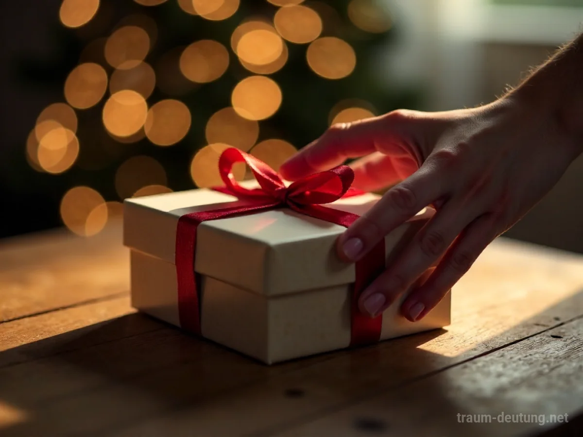 Hand reicht eine Geschenkbox mit Schleife im Traum