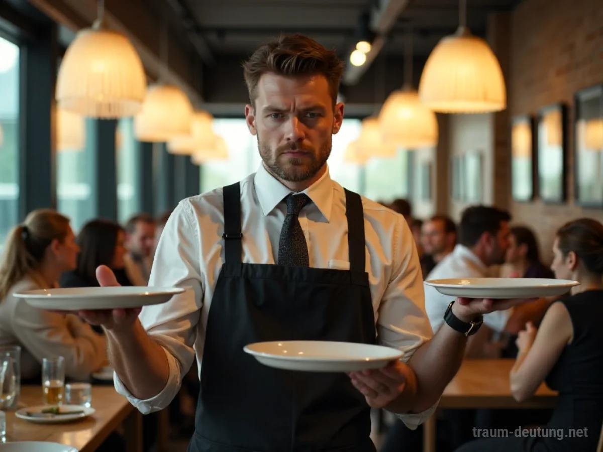 Gestresster Kellner balanciert Teller in einem belebten Restaurant
