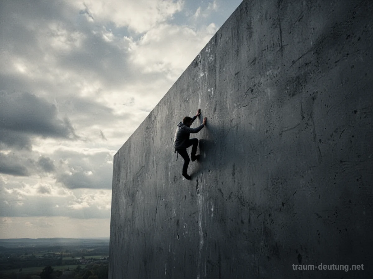 Eine Person klettert mühsam eine glatte Wand empor.