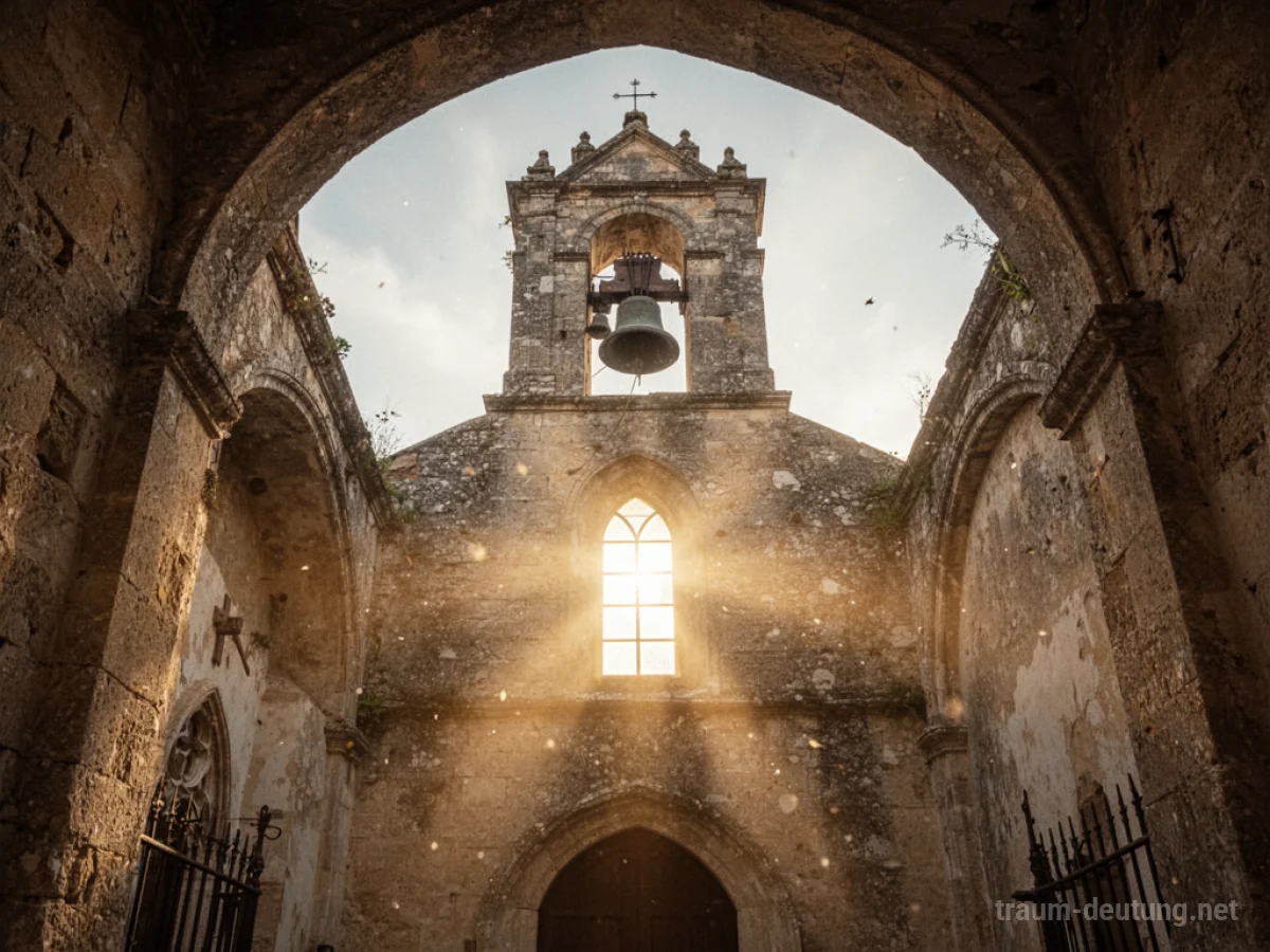 Sonnenstrahlen fallen durch ein Fenster in eine alte Kirche und beleuchten die Glocken im Turm.