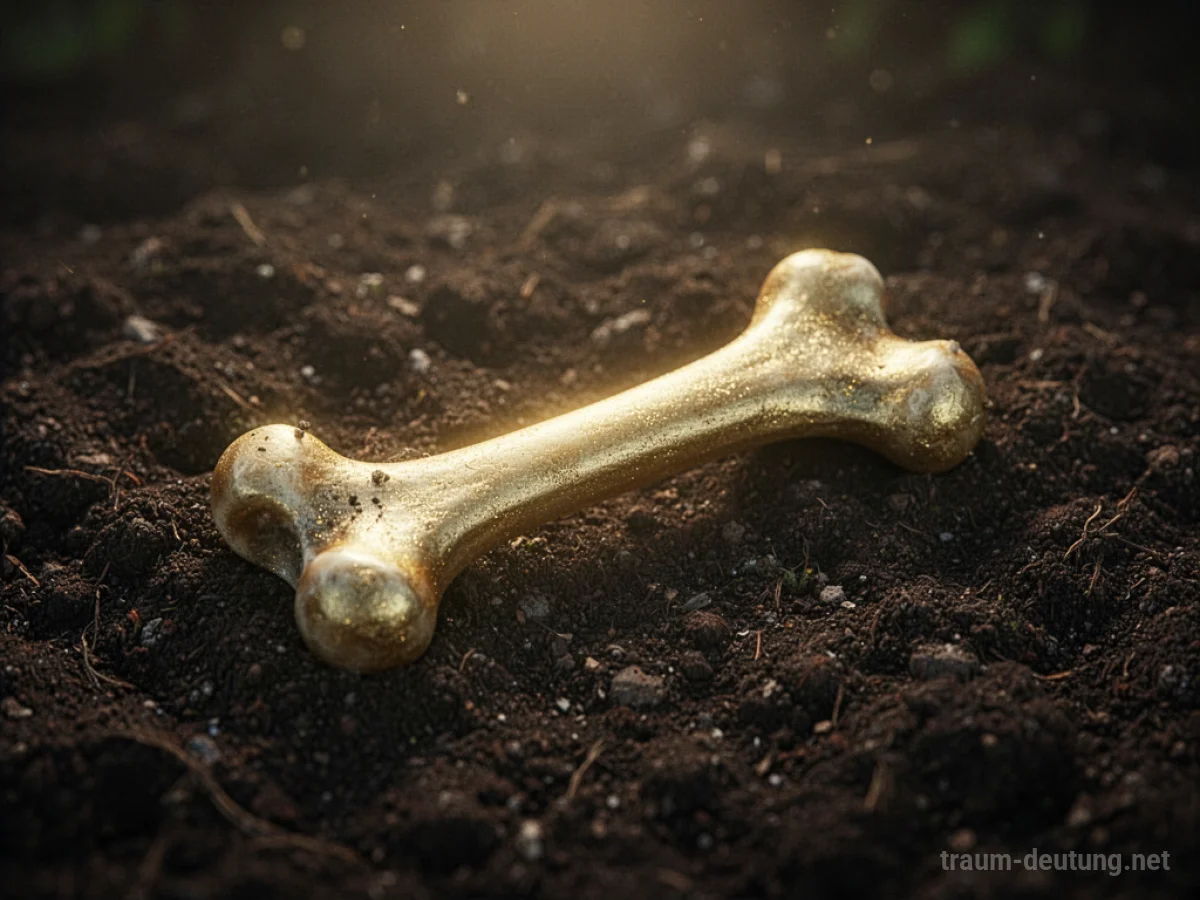 Ein einzelner goldener Knochen, der auf dunkler Erde liegt und von Licht erhellt wird.